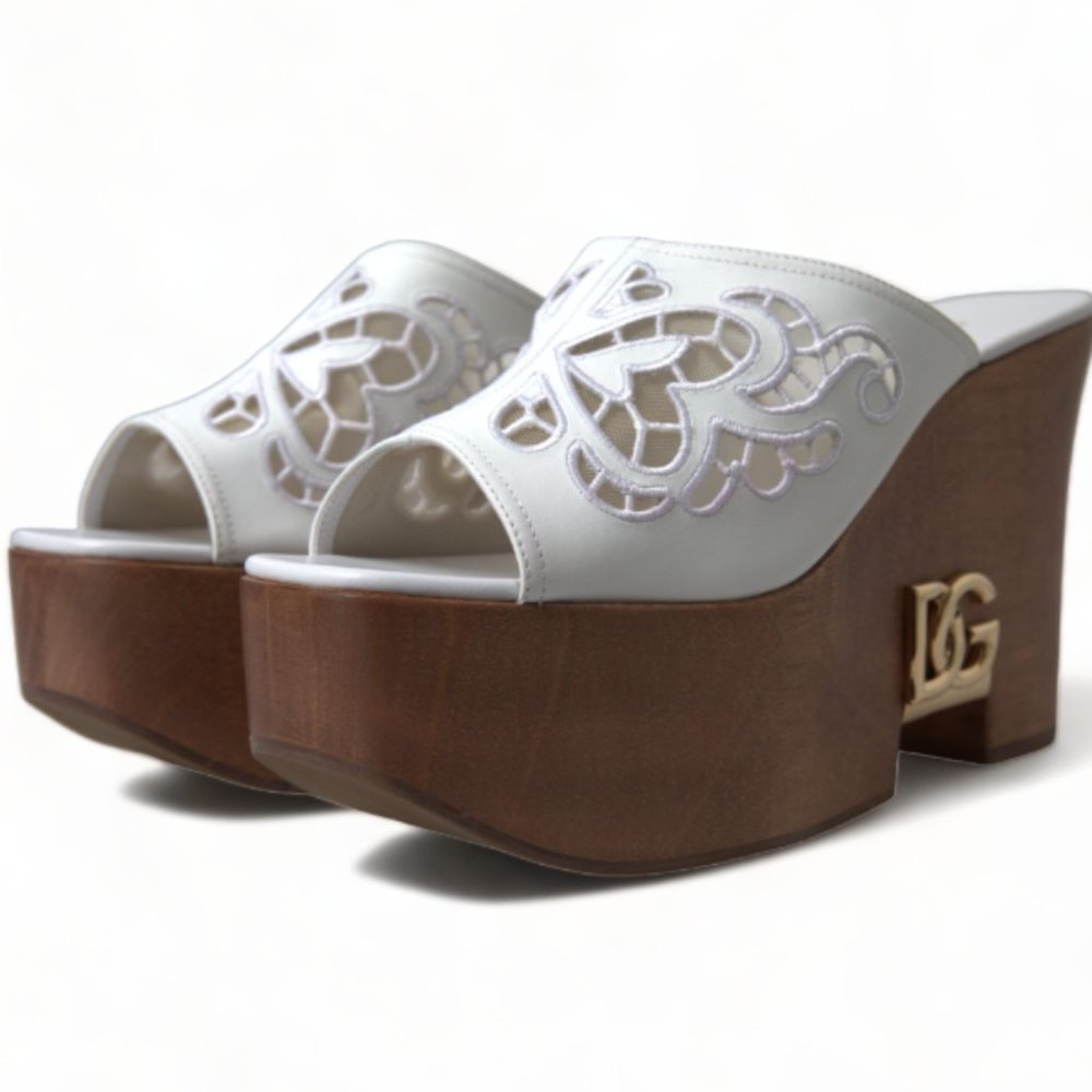 DOLCE & GABBANA White Leather Embroidered Wedge Sandal Shoes